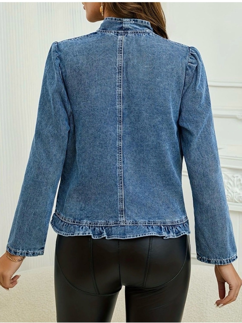 Denim Ruffle Open-Front Jacket - Blue - Picture 2 of 2